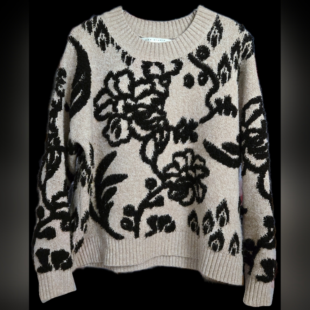 Floral Patterned Beige and Black Sweater